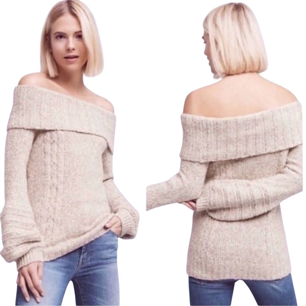 Anthropologie Sleeping on Snow Alpaca Sweater S Off Shoulder Ecru Romantic